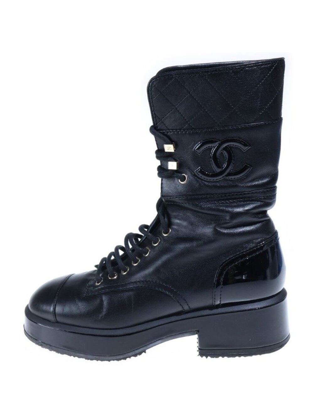 Chanel Lace-up Combat Boots CC Logo Quilted Leather Black